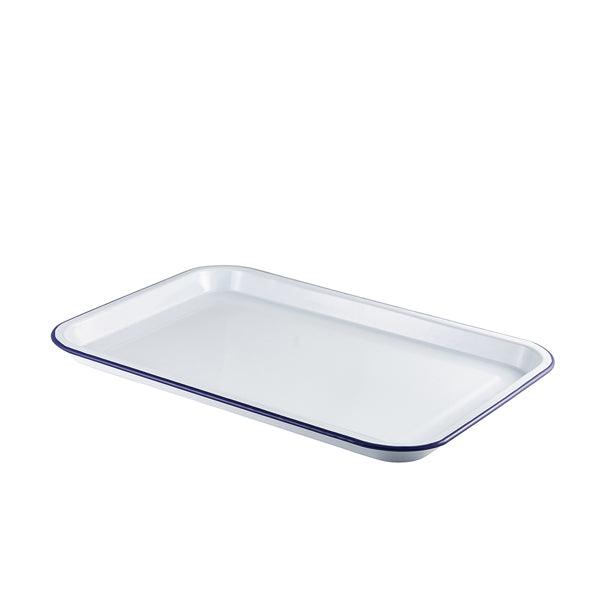 Enamel Serving Tray White with Blue Rim 33.5x23.5x2.2cm - BESPOKE 77