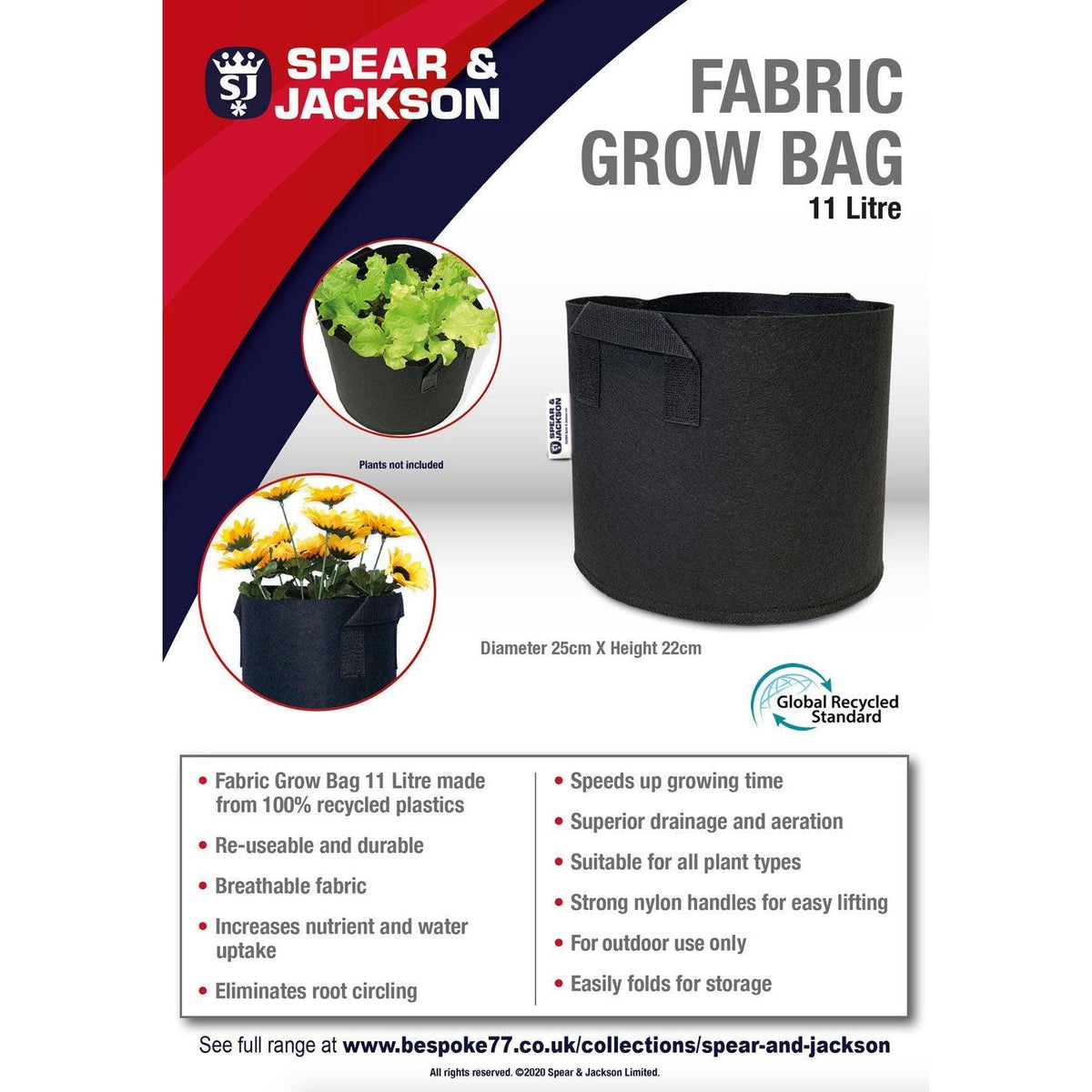 Spear and Jackson - 11 Litre Grow Bag, Re-useable, Breathable fabric, speeds up growing time