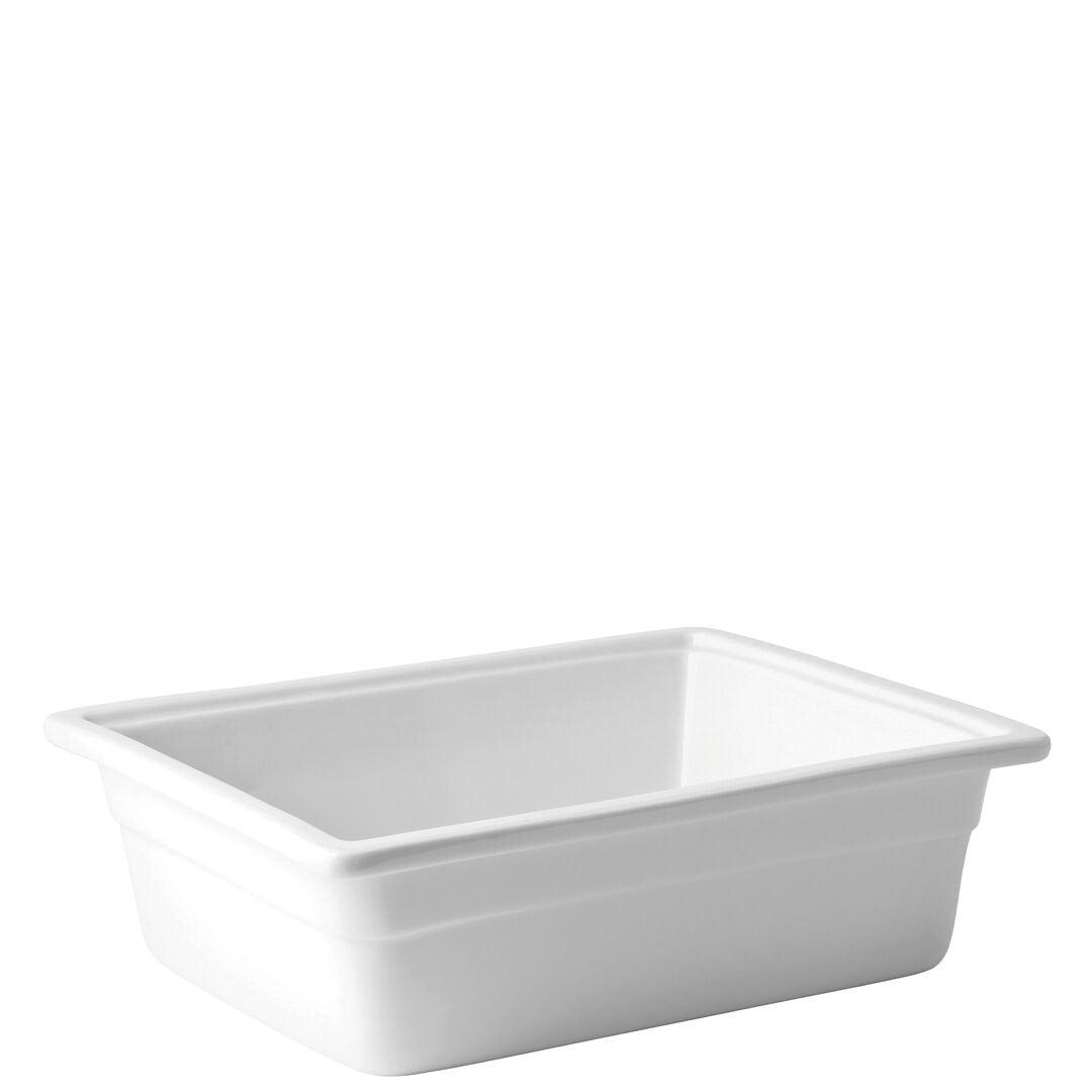 A white rectangular dish on a white background.