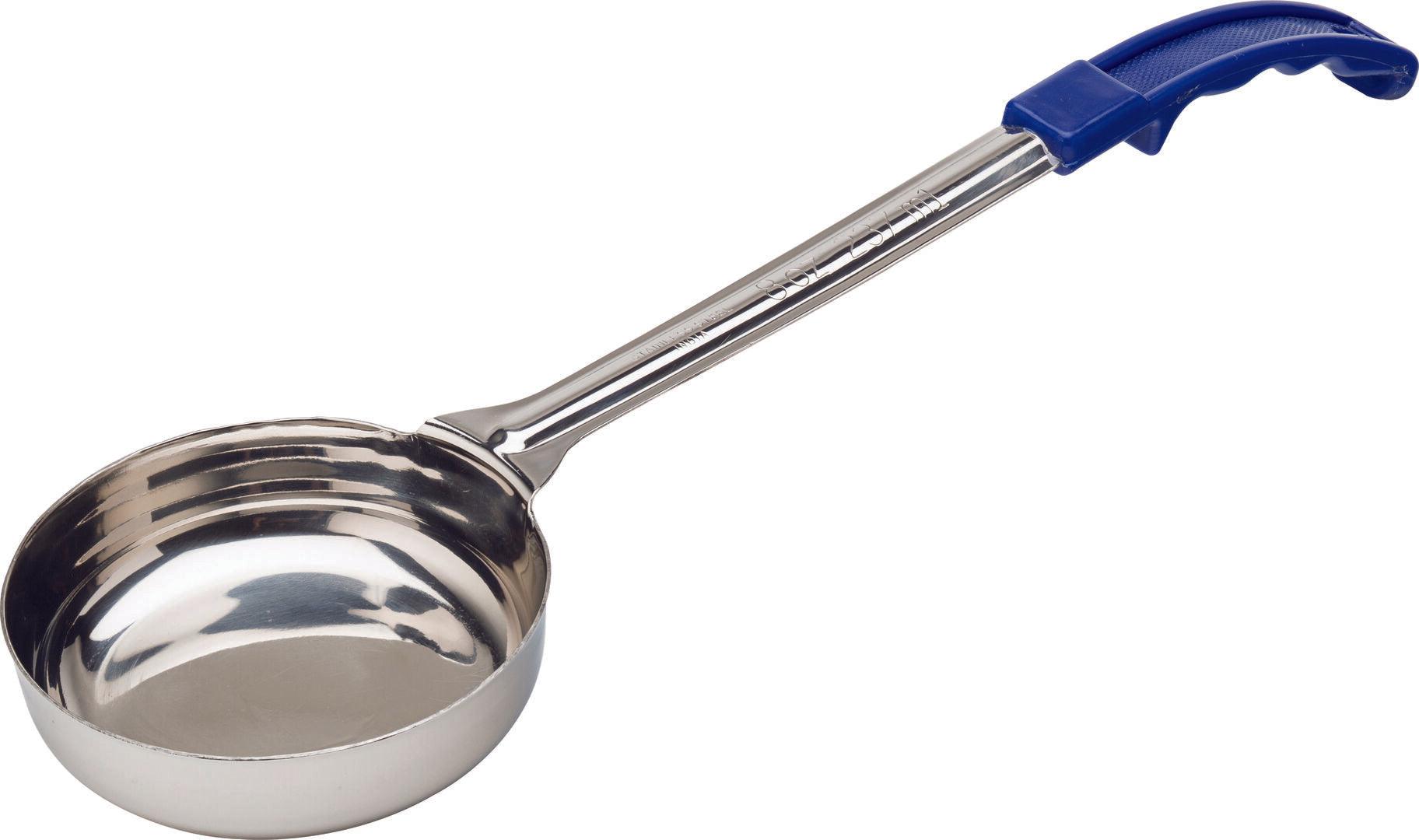 A stainless steel measuring spoon with a blue handle.