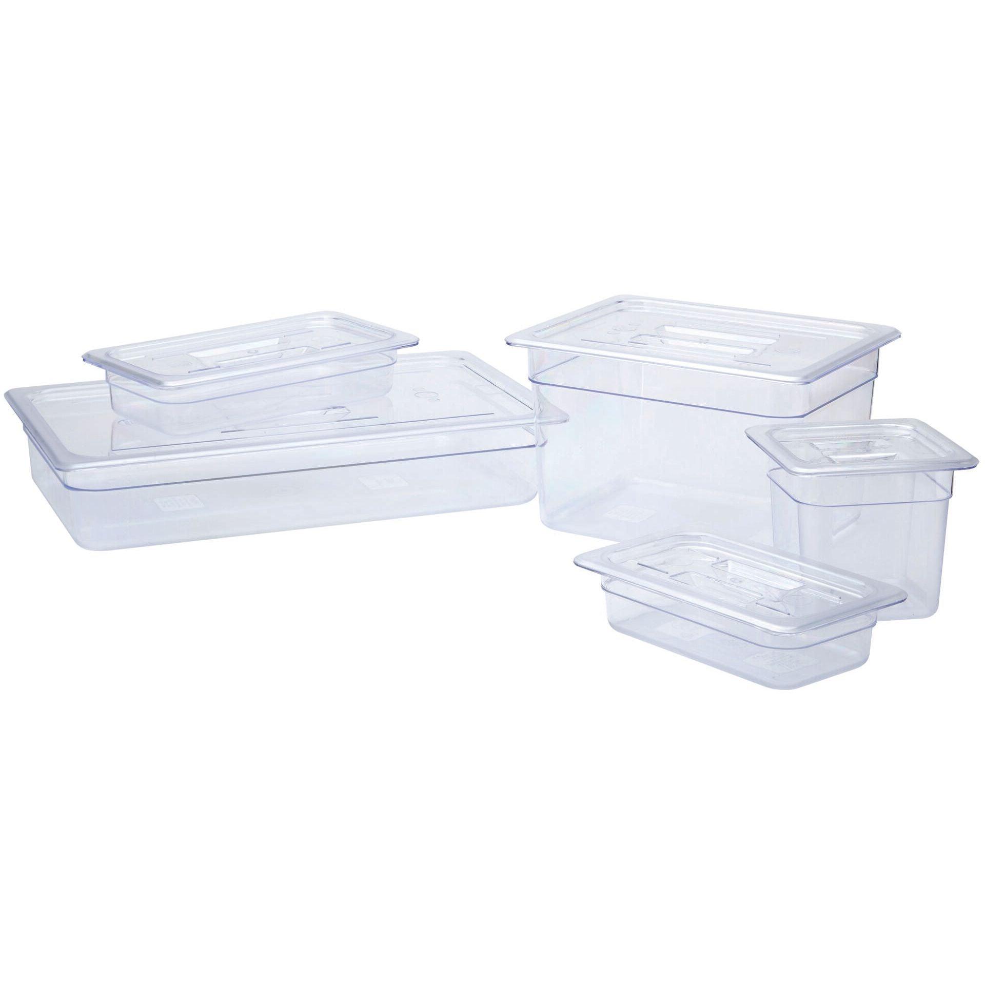Four clear plastic containers with lids on a white background.
