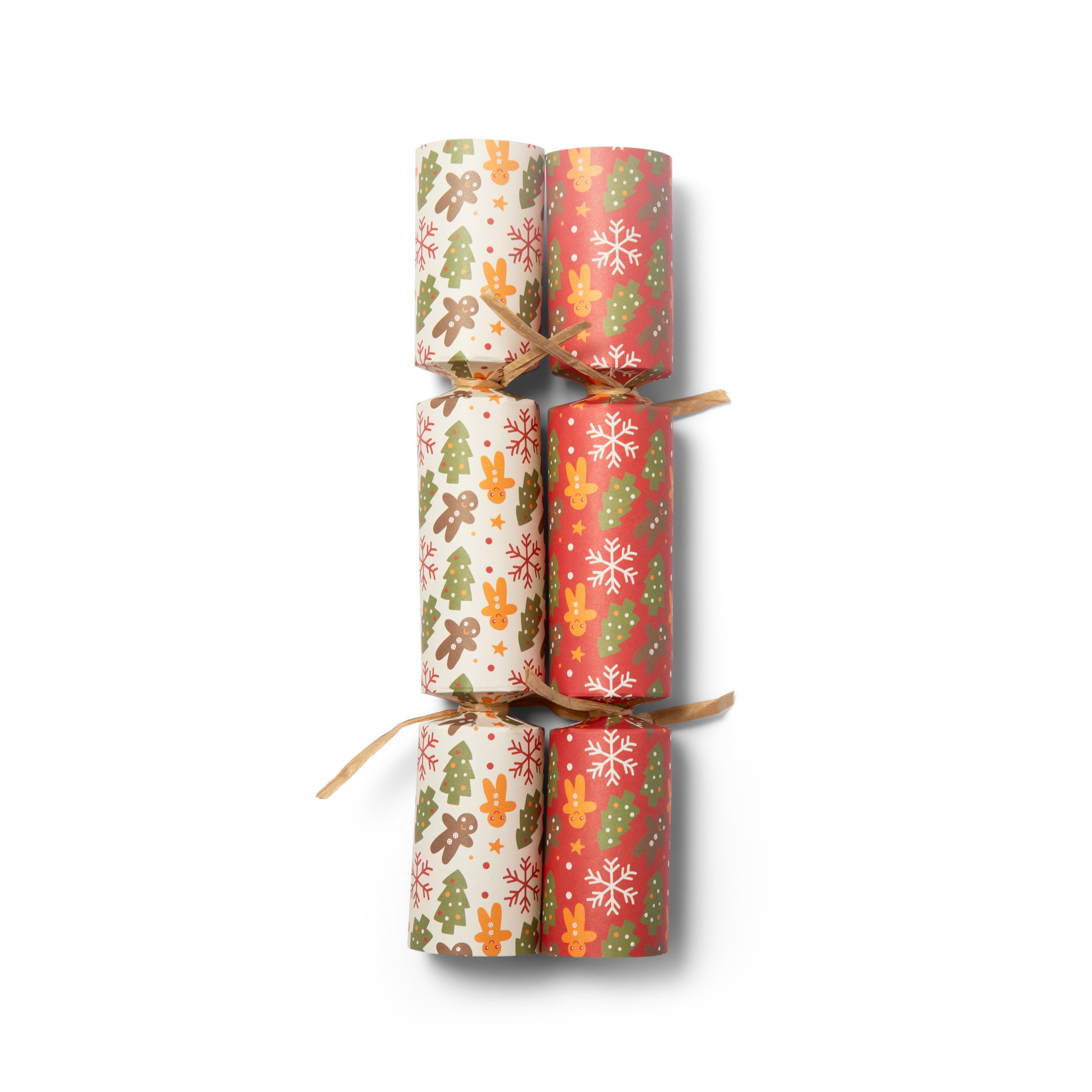 Eco Friendly Christmas Crackers 12 Inch - Gingerbread/Snowflake/Xmas Tree Print - Red/Cream