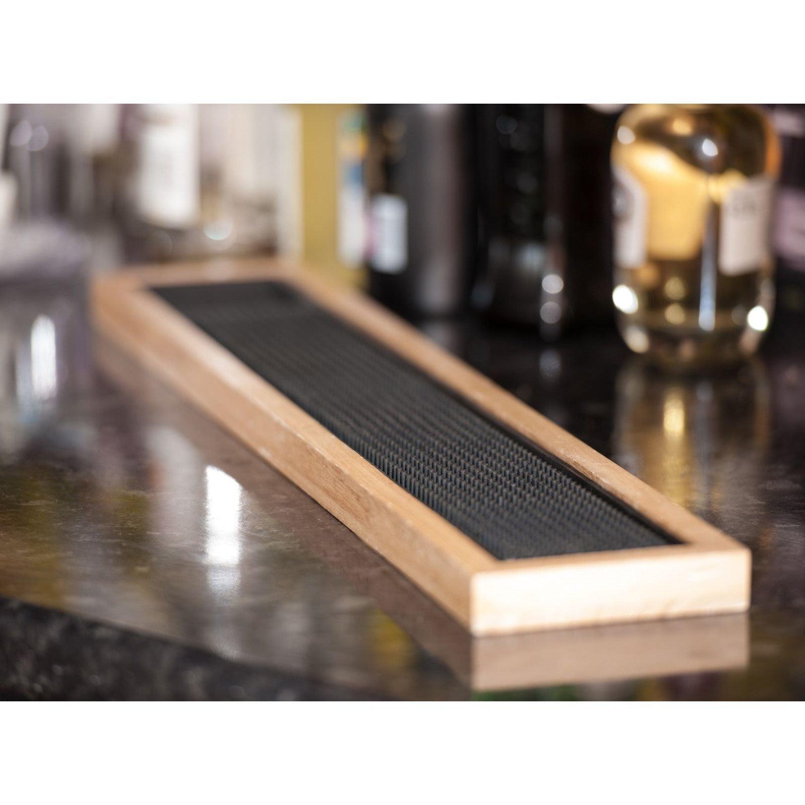 Premium Deluxe Black Rubber Bar Mat With Wooden Frame 24" x 4"