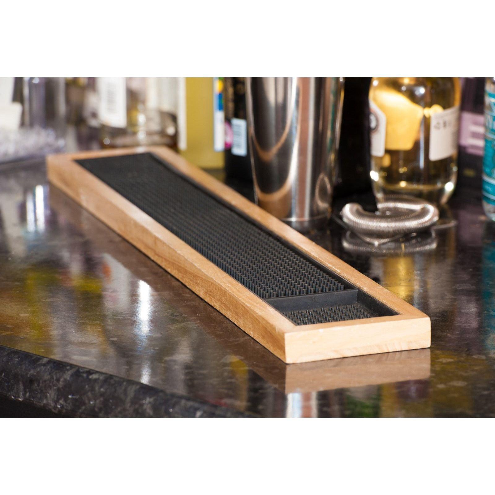 Premium Deluxe Black Rubber Bar Mat With Wooden Frame 24" x 4"