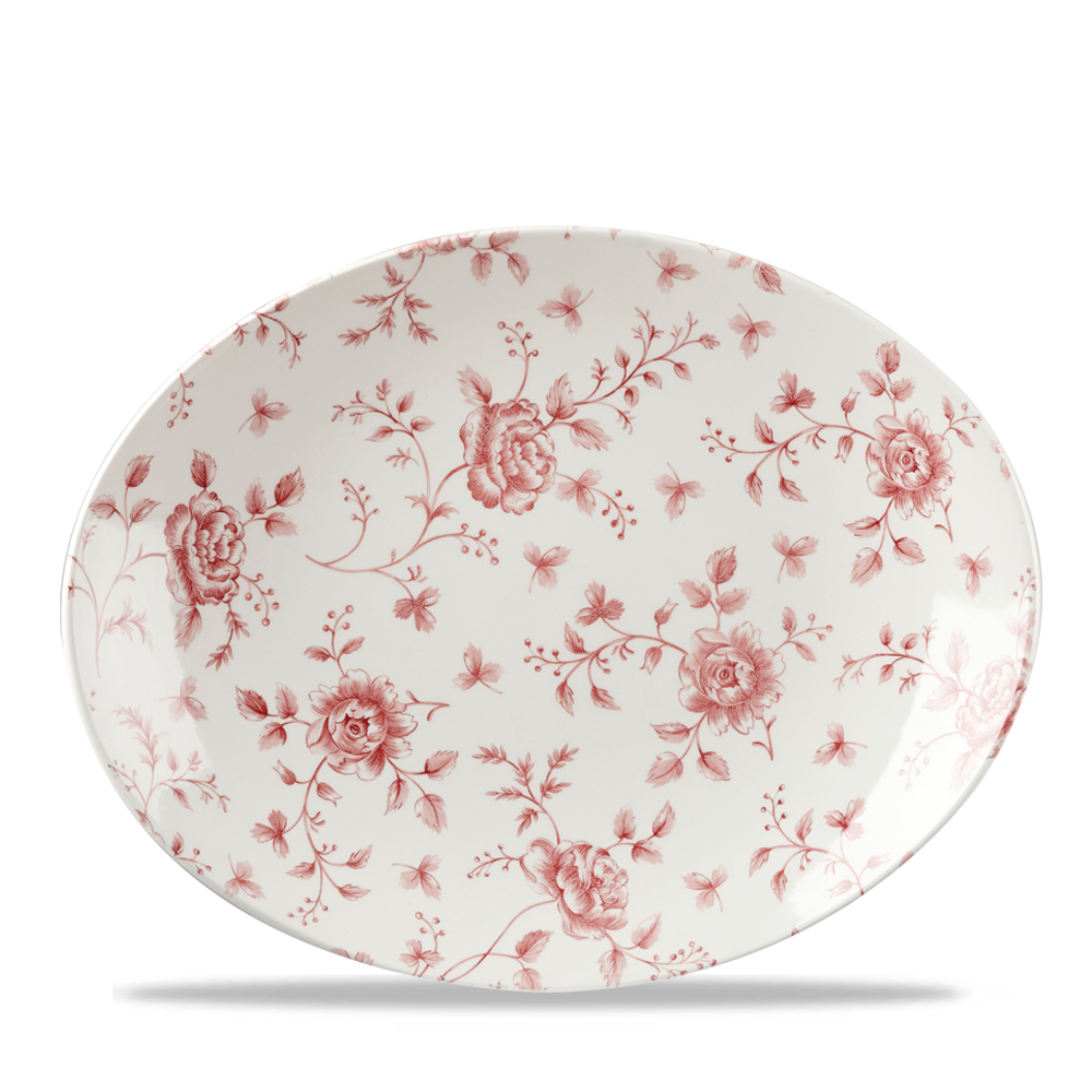 Vintage Prints Rose Chintz Cranberry Orbit Oval Coupe Plate 12.5"