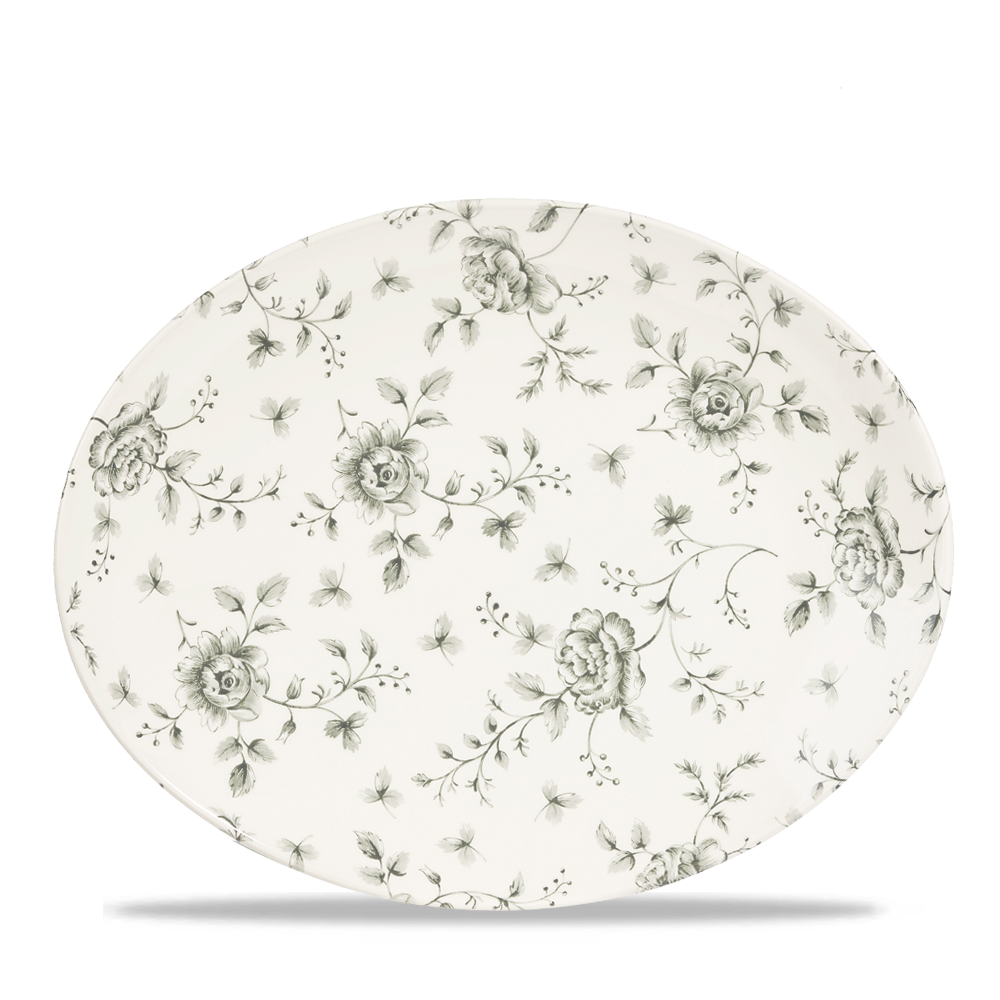 Vintage Prints Rose Chintz Grey Orbit Oval Coupe Plate