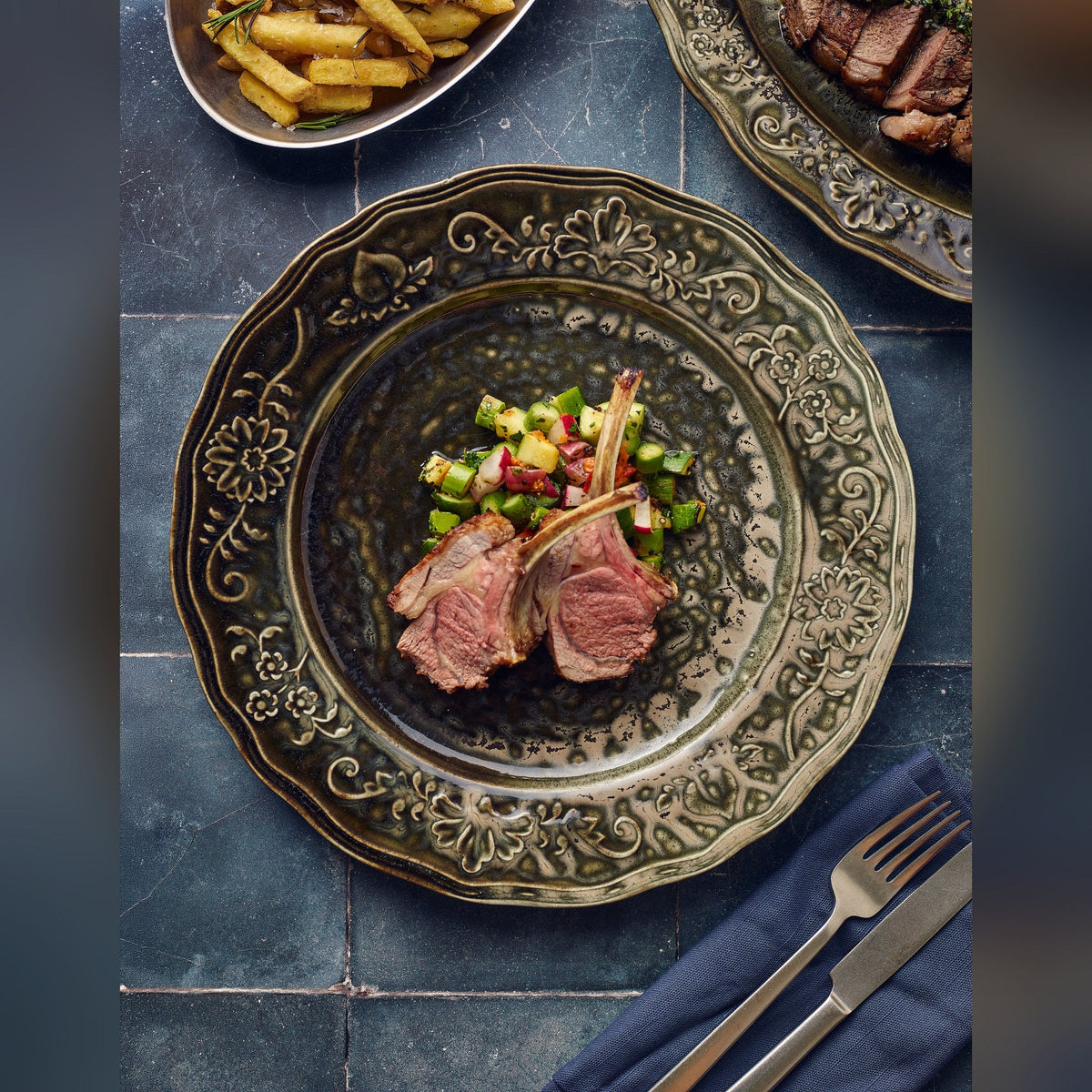 Reverie Ivy porcelain winged plate 30cm with ornate embossed edges, lifestyle image