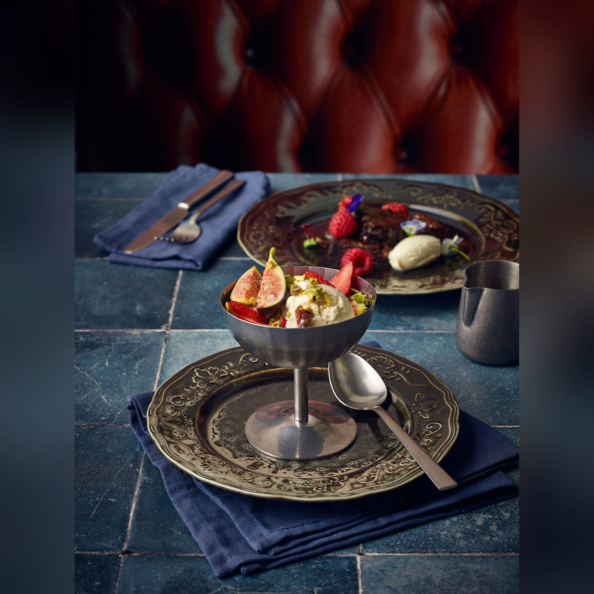Fluted vintage finish steel stemmed sundae cup 10cm, lifestyle image