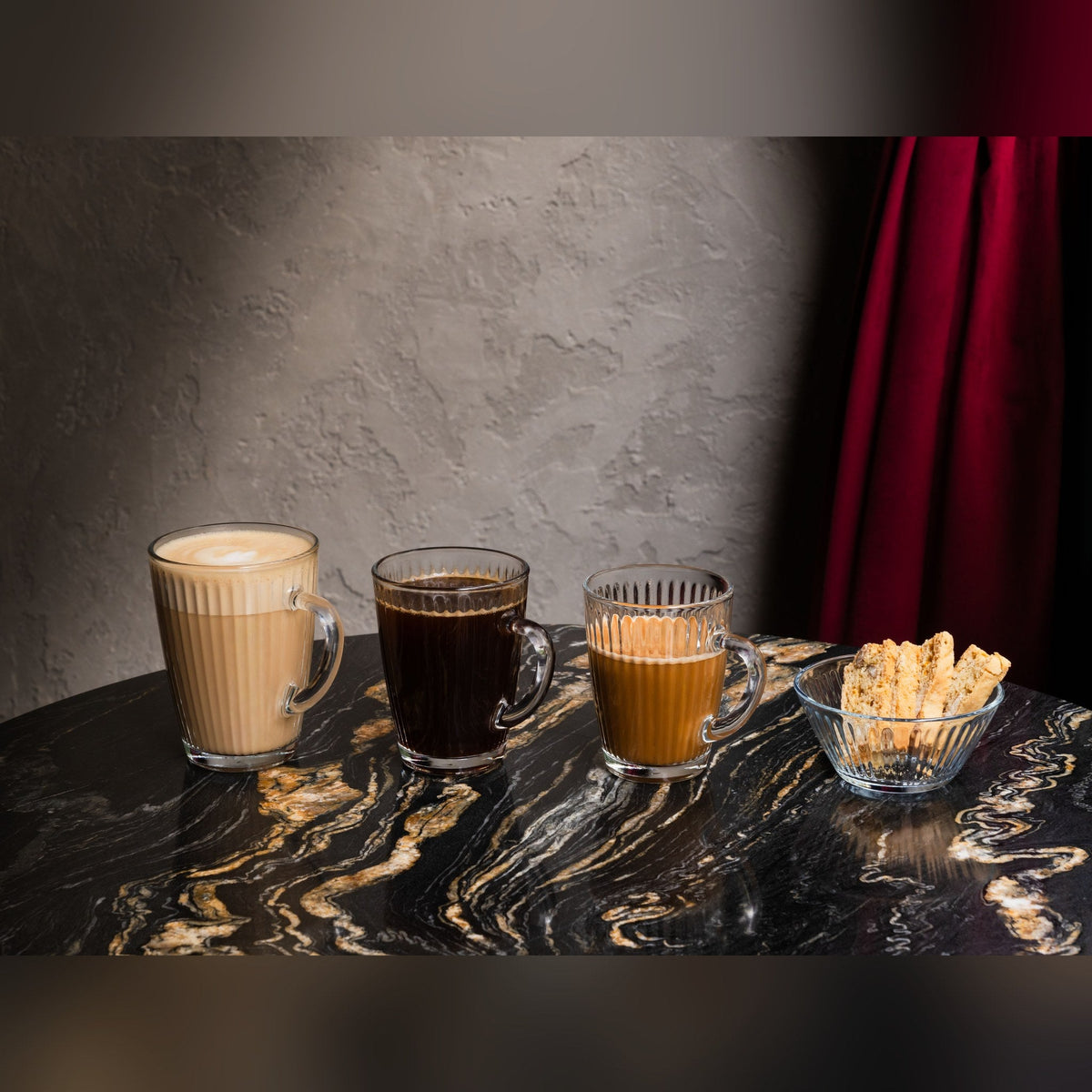 Brugge crystal-look glass coffee mug 30cl with vertical lines, lifestyle image