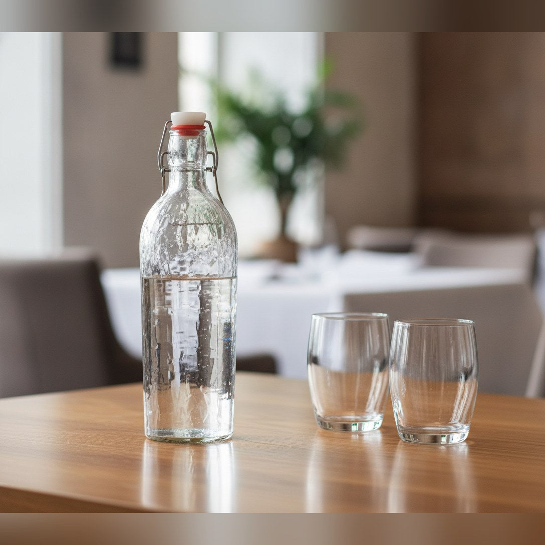Hammered glass swing top water bottle 1L, lifestyle image