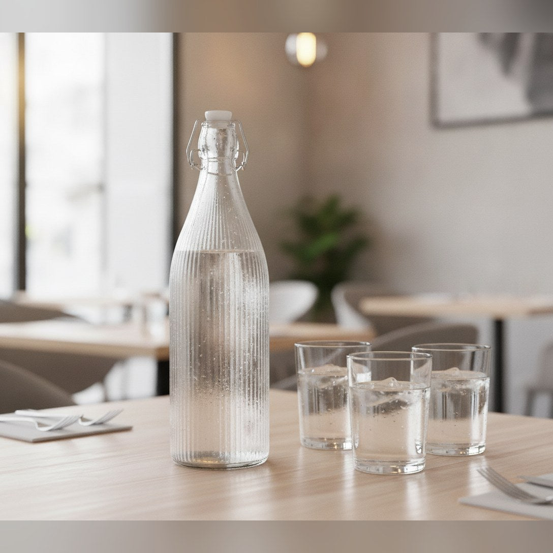 Striped glass swing top water bottle 1L, lifestyle image
