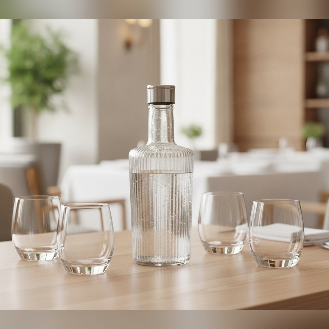 Striped glass water bottle 1L with screw top lid, lifestyle image