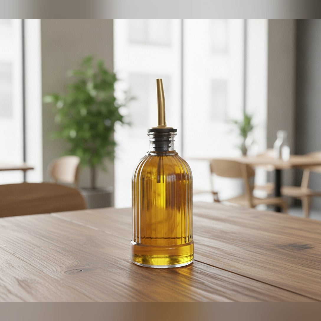 Striped glass oil and bitters bottle 22cl with speed pourer, lifestyle image
