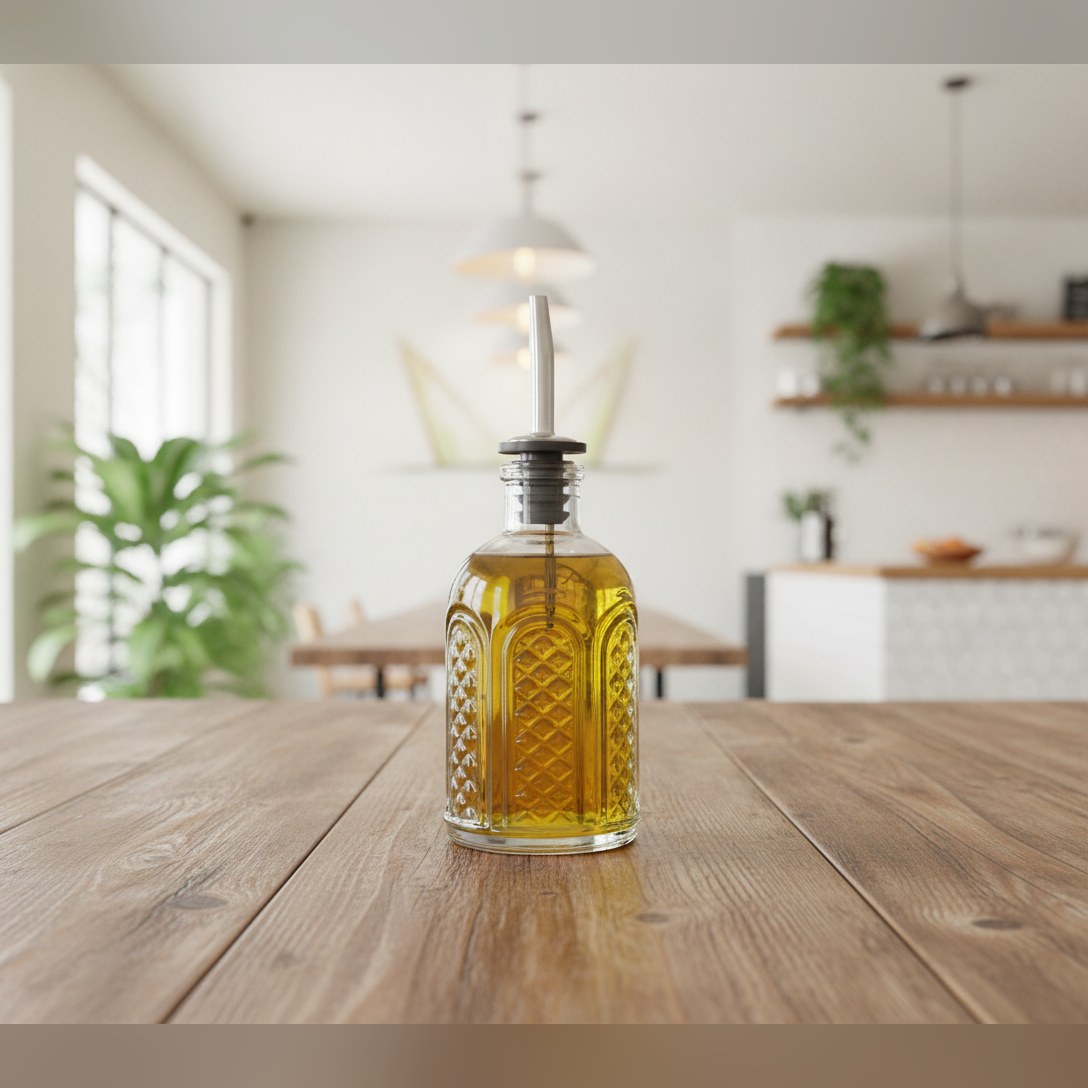 Astor vintage patterned glass oil bottle 22cl with speed pourer, lifestyle image