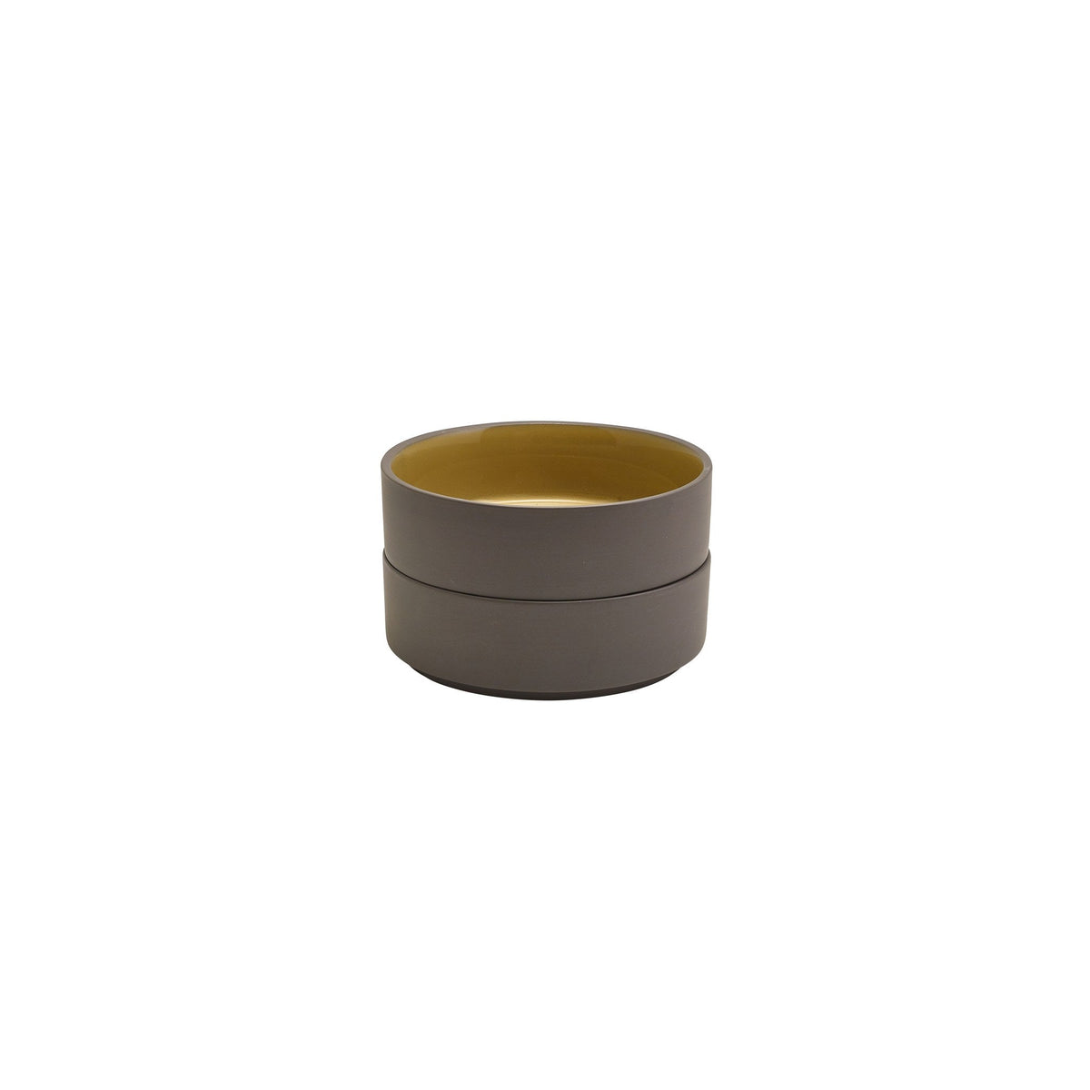 Kava yellow porcelain presentation bowl 13cm with unglazed grey wall, alternative view