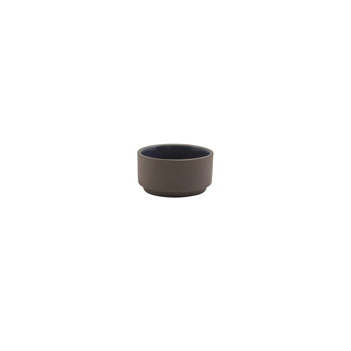 Kava blue satin glaze porcelain ramekin 7.5cl with exposed grey wall, alternative view