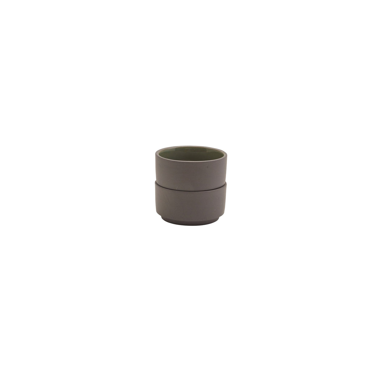 Kava green satin glaze porcelain ramekin 7.5cl with exposed grey wall, alternative view