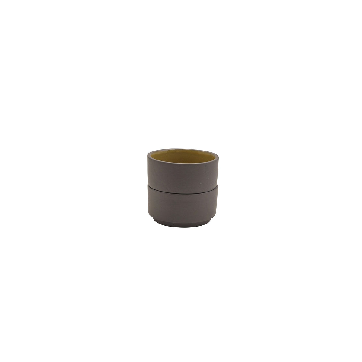 Kava yellow satin glaze porcelain ramekin 7.5cl with exposed grey wall, alternative view