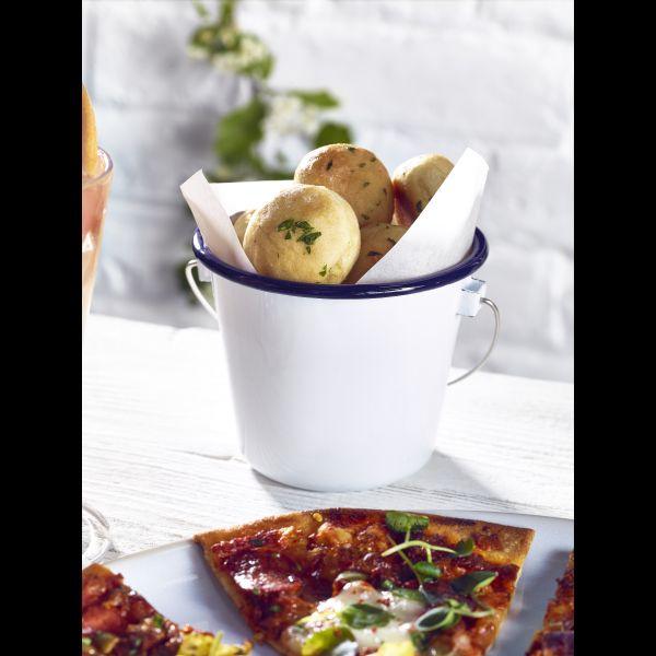 Enamel Bucket White with Blue Rim 10cm Dia - BESPOKE 77