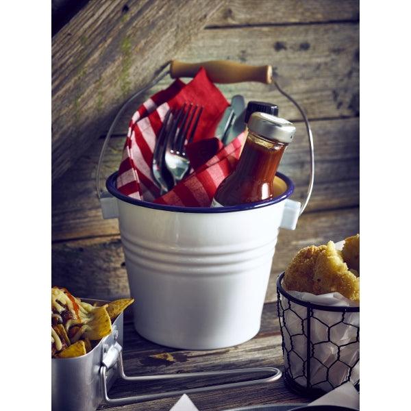 Enamel Bucket White with Blue Rim 16cm Dia - BESPOKE 77