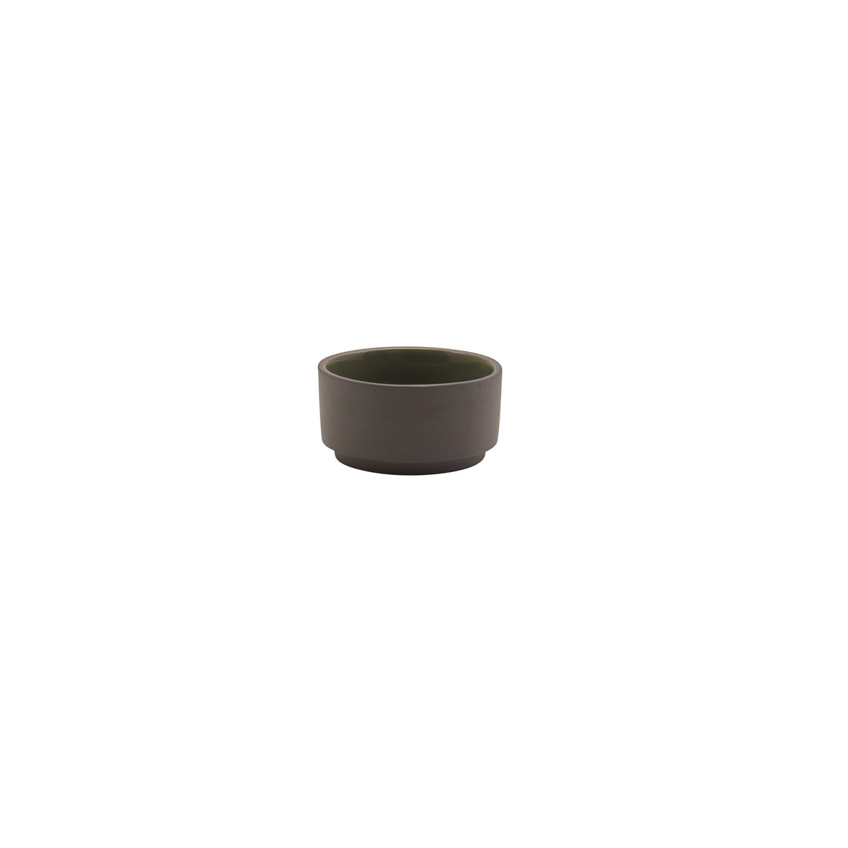 Kava green satin glaze porcelain ramekin 7.5cl with exposed grey wall