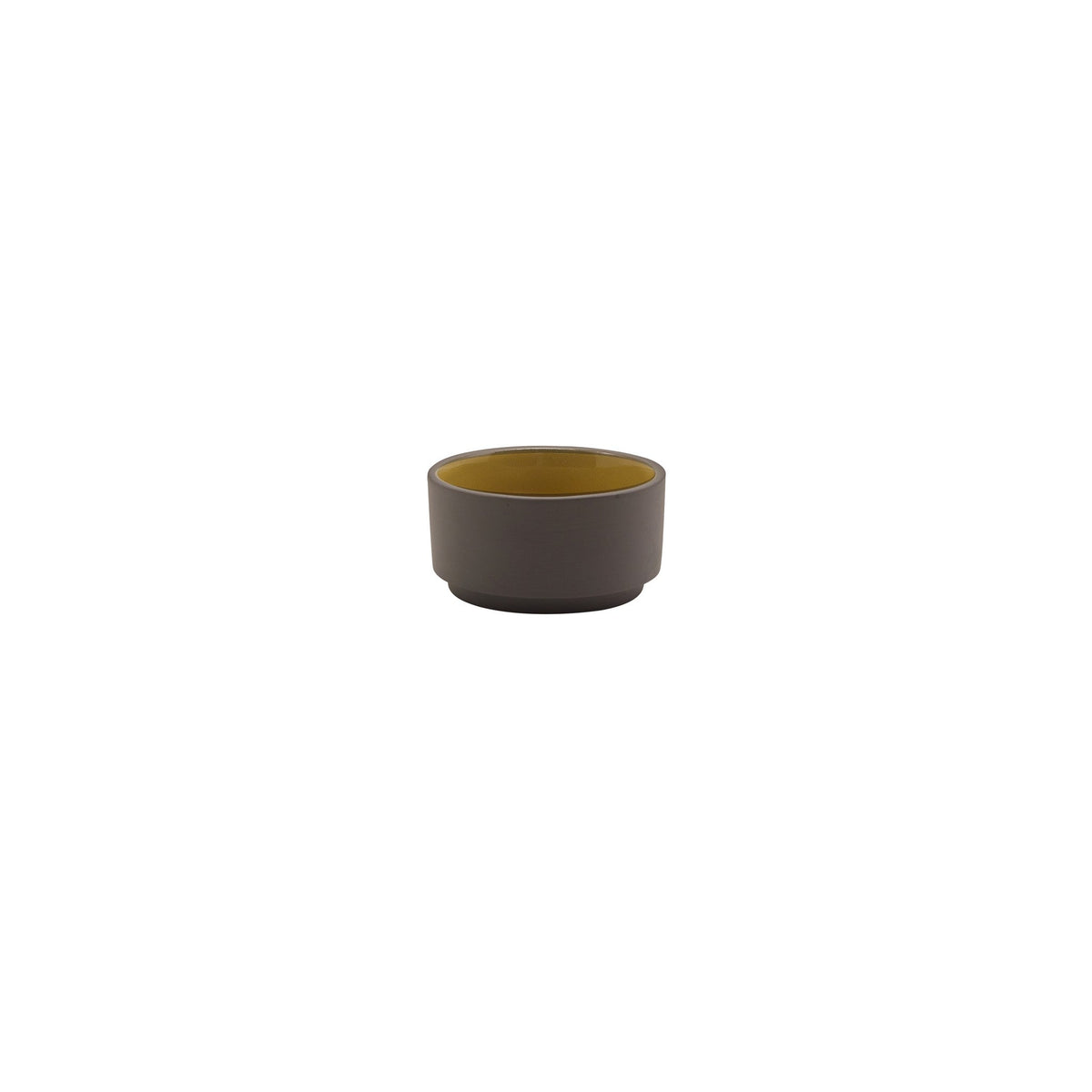 Kava yellow satin glaze porcelain ramekin 7.5cl with exposed grey wall