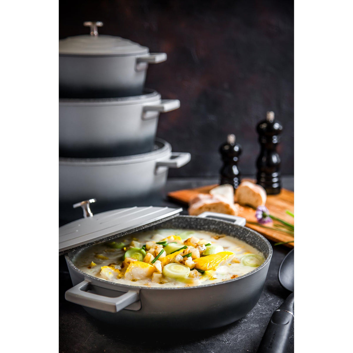 Ombre Grey Shallow Casserole Dish With Lid 4 Litre - BESPOKE77