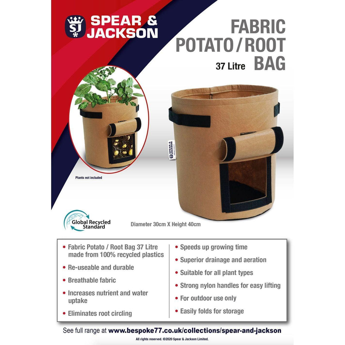 Spear and Jackson - 37 Litre Potato / Root Bag, Re-useable, Breathable fabric. speeds up growing time